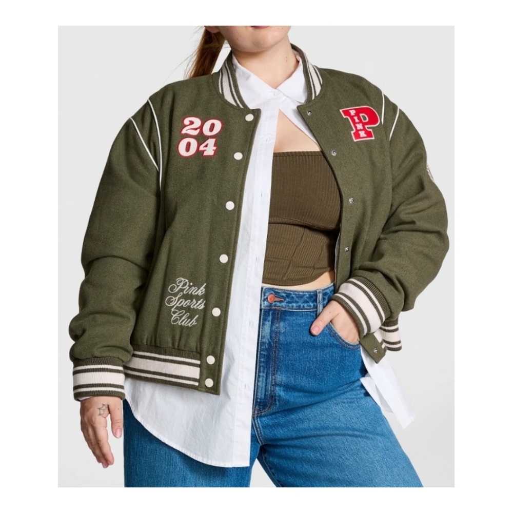 NWOT Victoria's Secret Pink Varsity Jacket Olive Green Varsity Jacket XXL